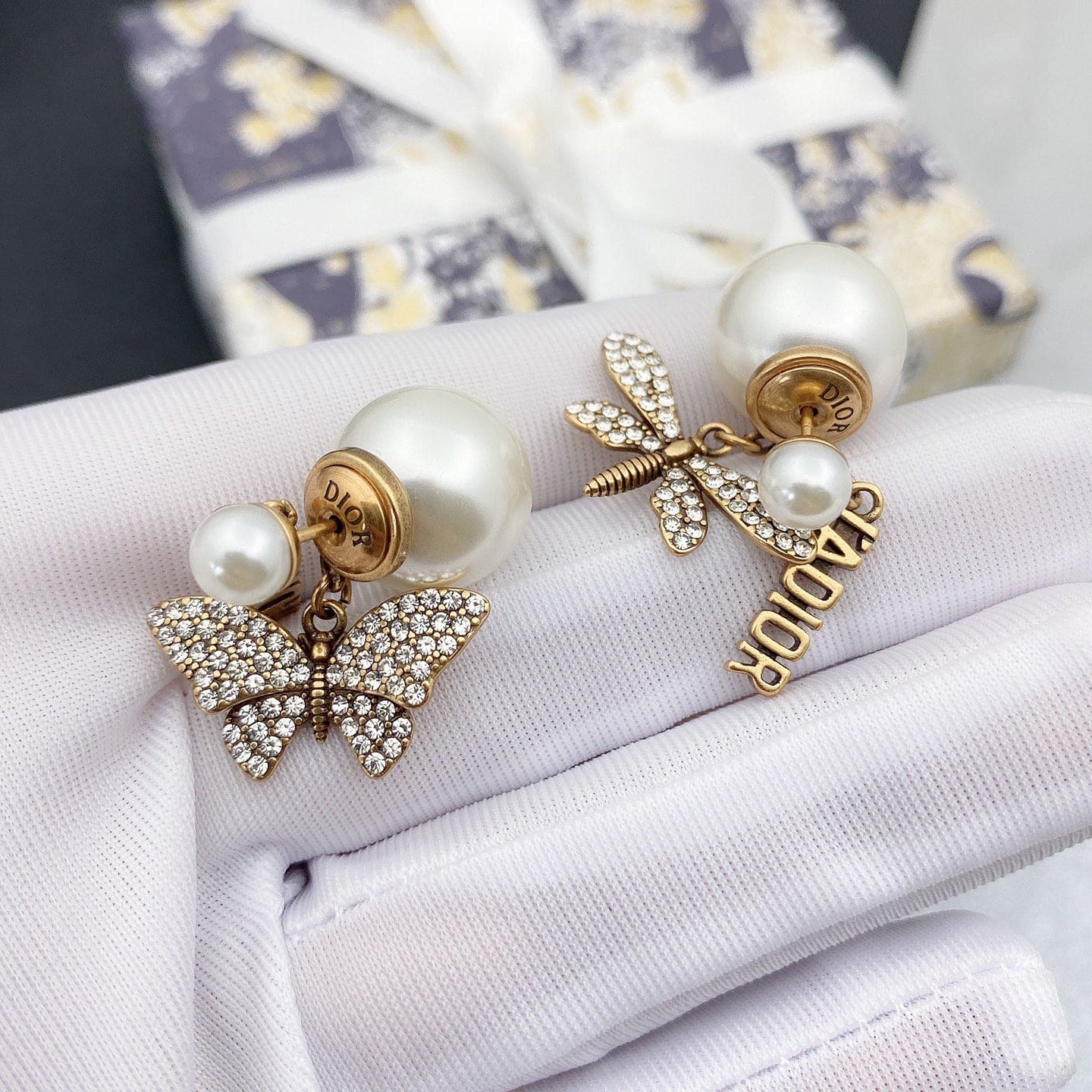 18K Dior Dragonfly/ Butterfly Pearl Earrings