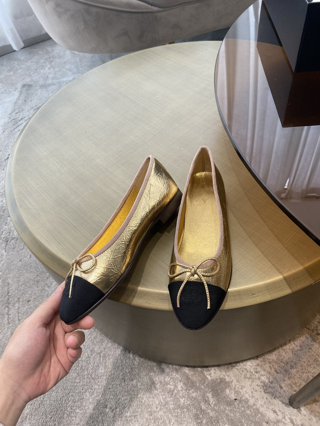 CHANEL BALLET FLATS GOLD BLACK LAMBSKIN CANVAS