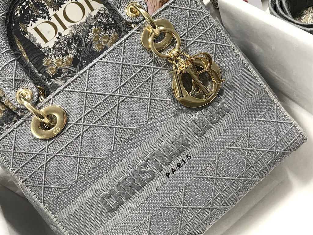 DIOR MEDIUM LADY D-LITE 24 GRAY CANNAGE EMBROIDERY