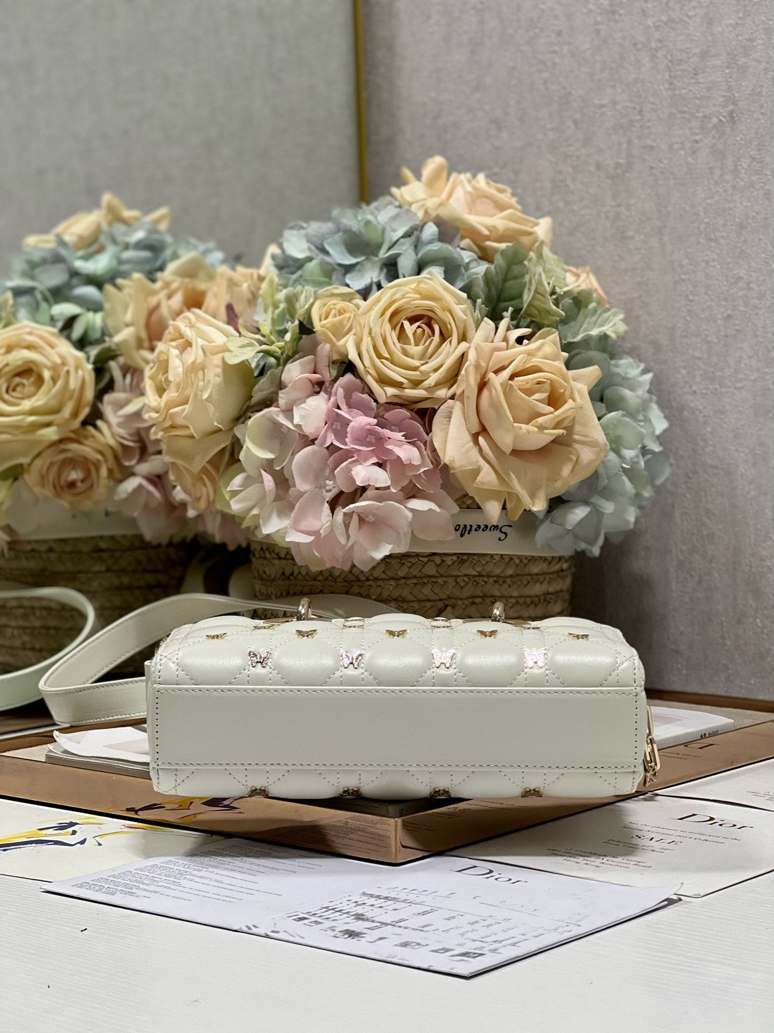 DIOR SMALL LADY D-JOY 22 BUTTERFLY STUD WHITE LAMBSKIN