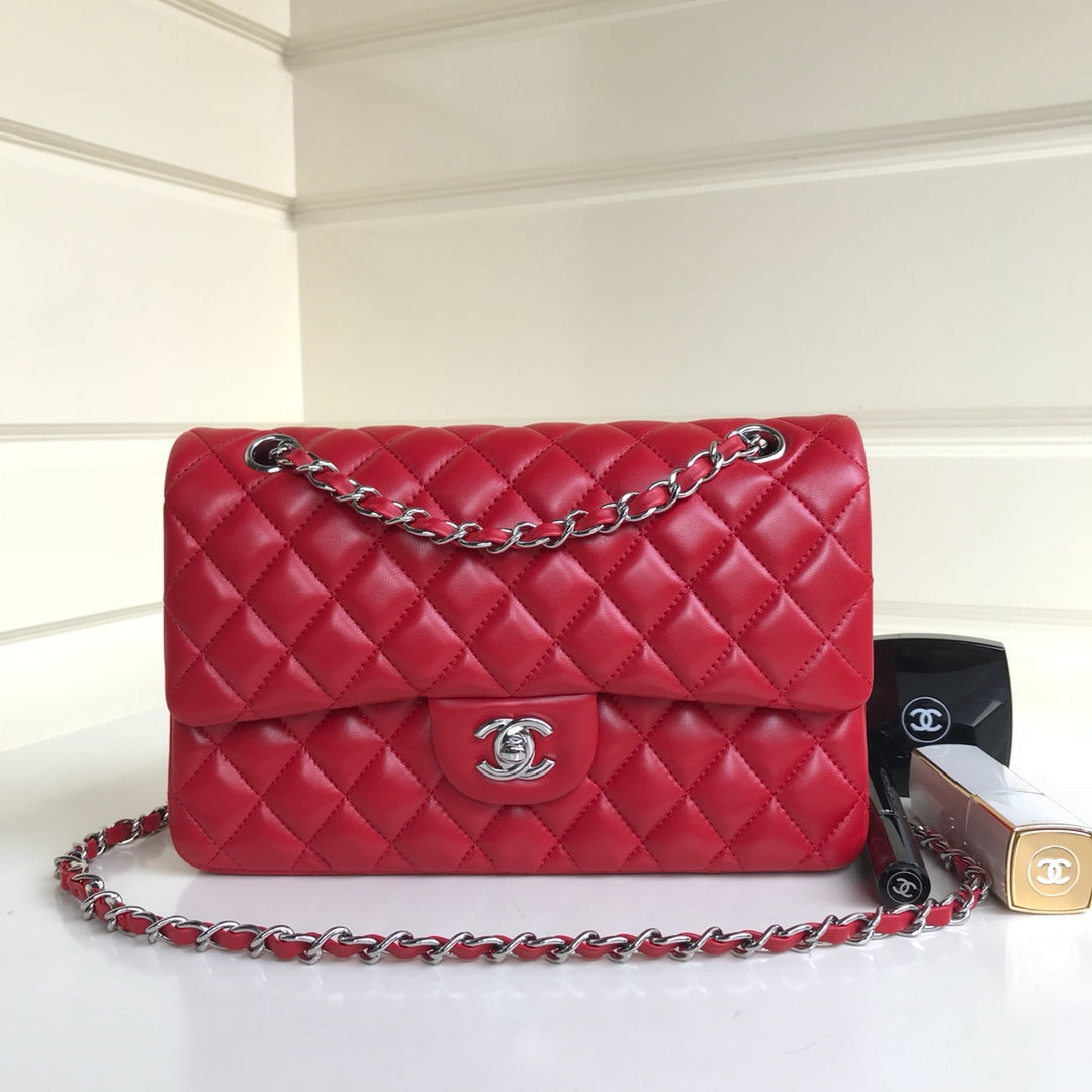 CHANEL FLAP BAG MEDIUM 25CM RED LAMBSKIN SILVER HARDWARE