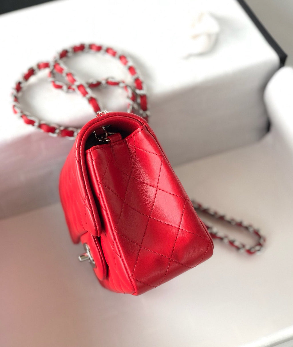 CHANEL MINI SQUARE FLAP BAG 17CM RED LAMBSKIN SILVER HARDWARE
