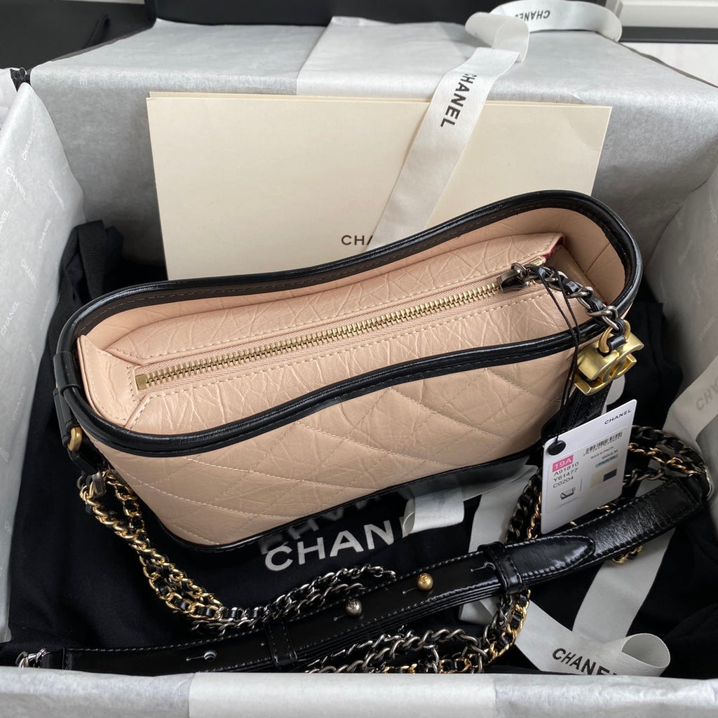 CHANEL GABRIELLE MINI 20 HOBO BAG IN ALMOND BEIGE MIX BLACK CALFSKIN