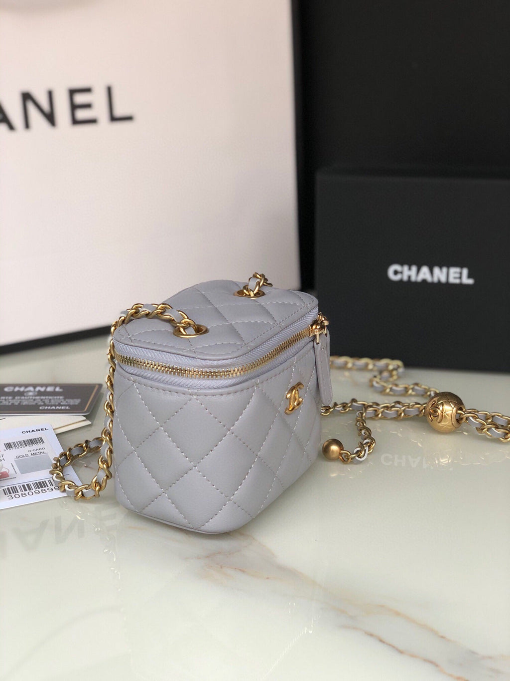 CHANEL MINI 11 VANITY CHAIN IN LIGHT GREY CALFSKIN GOLD HARDWARE