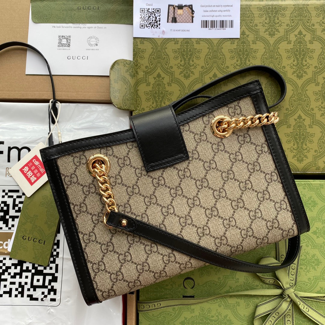 GUCCI PADLOCK MEDIUM 26 SHOULDER BAG BEIGE CANVAS AND BLACK CALFSKIN