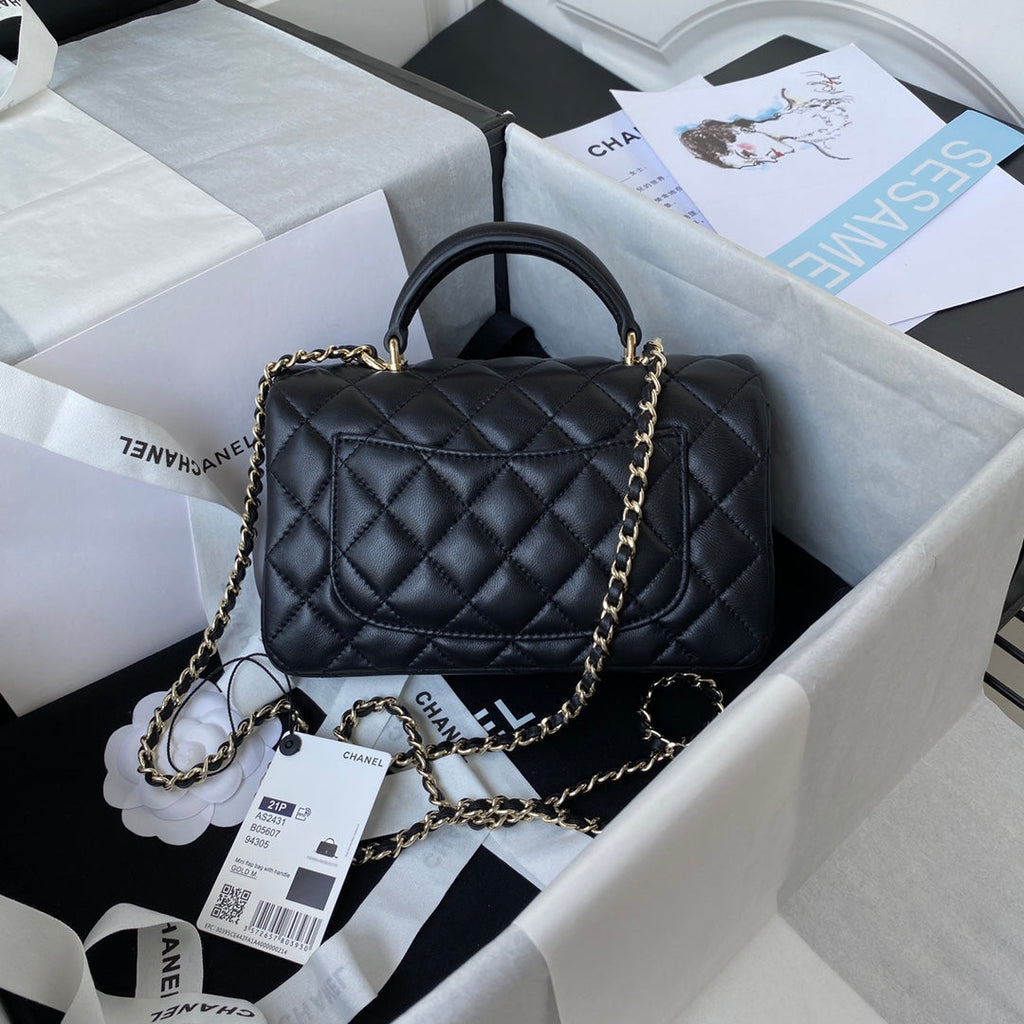 CHANEL 25S MINI FLAP BAG WITH TOP HANDLE 20 IN BLACK CALFSKIN GOLD HARDWARE