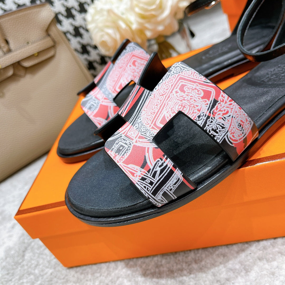 HERMES SANTORINI SANDAL BLACK CALFSKIN WITH PATTERN