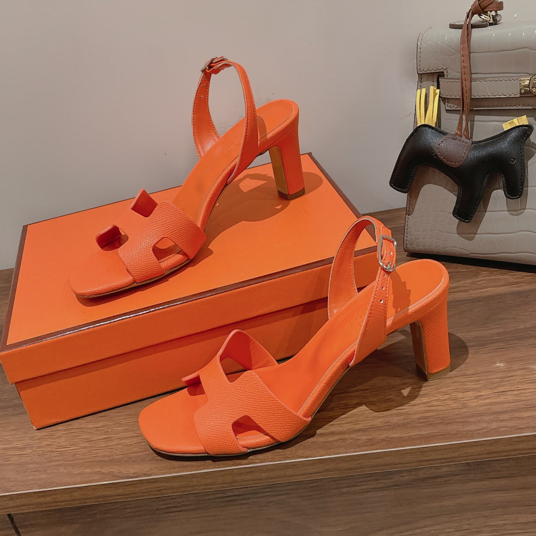 HERMES HOLY 75 SANDAL IN VIVID ORANGE GRAINED CALFSKIN