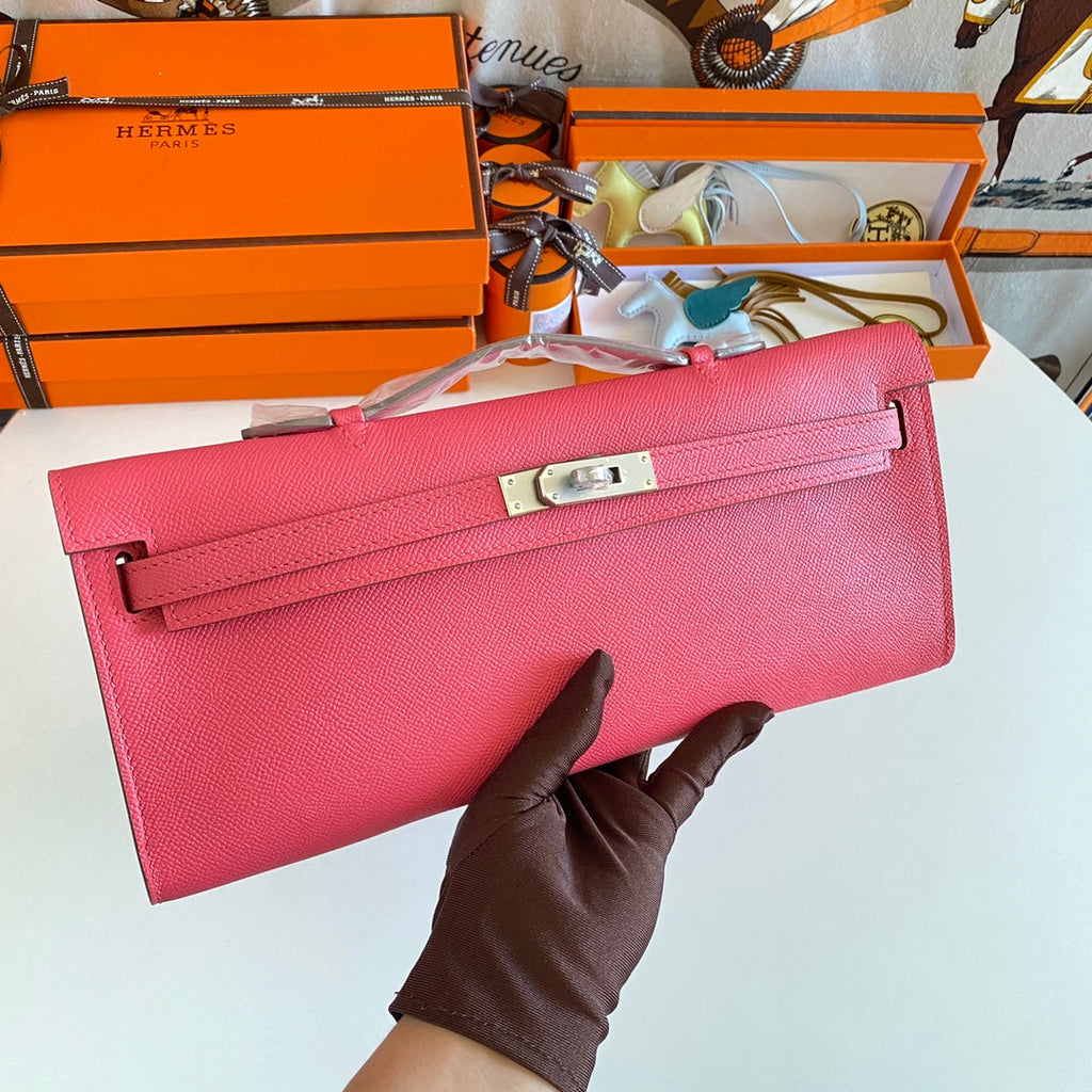 HERMES KELLY CUT 31 IN WATERMELON PINK CALFSKIN WITH SILVER HARDWARE
