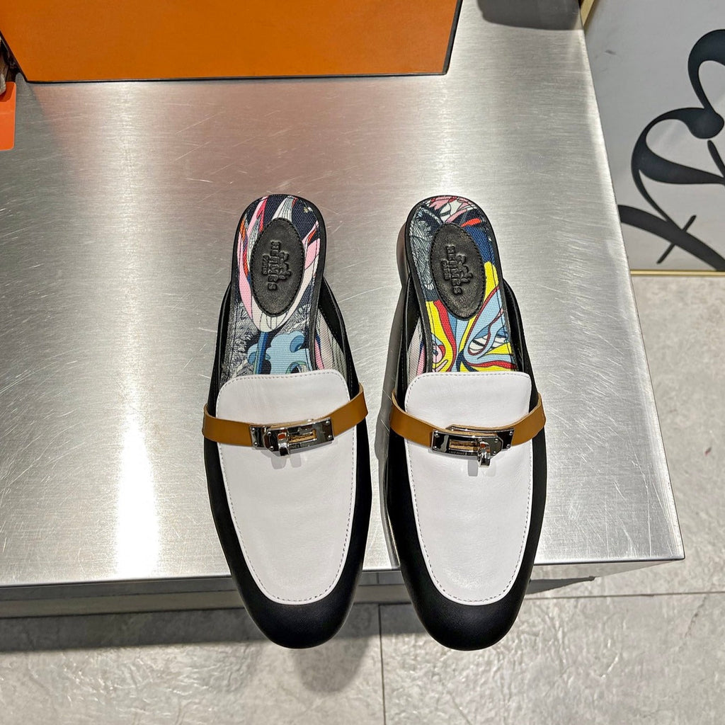 HERMES 0Z MULE WHITE AND BLACK CALFSKIN WITH PATTERN