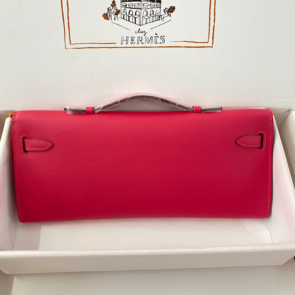 HERMES KELLY CUT 31 IN CHERRY RED CALFSKIN WITH SILVER HARDWARE