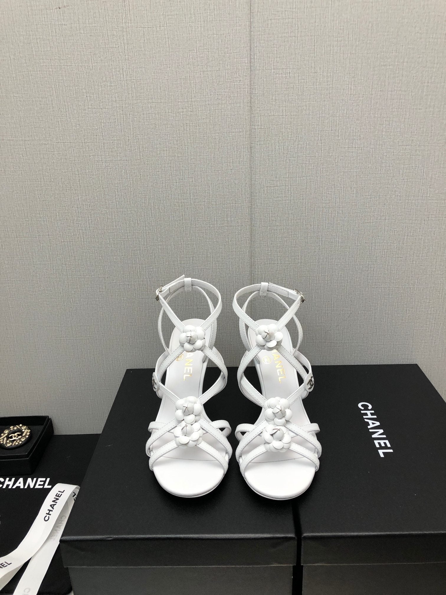 CHANEL FLORAL HIGH HEEL SANDAL IN WHITE LAMBSKIN