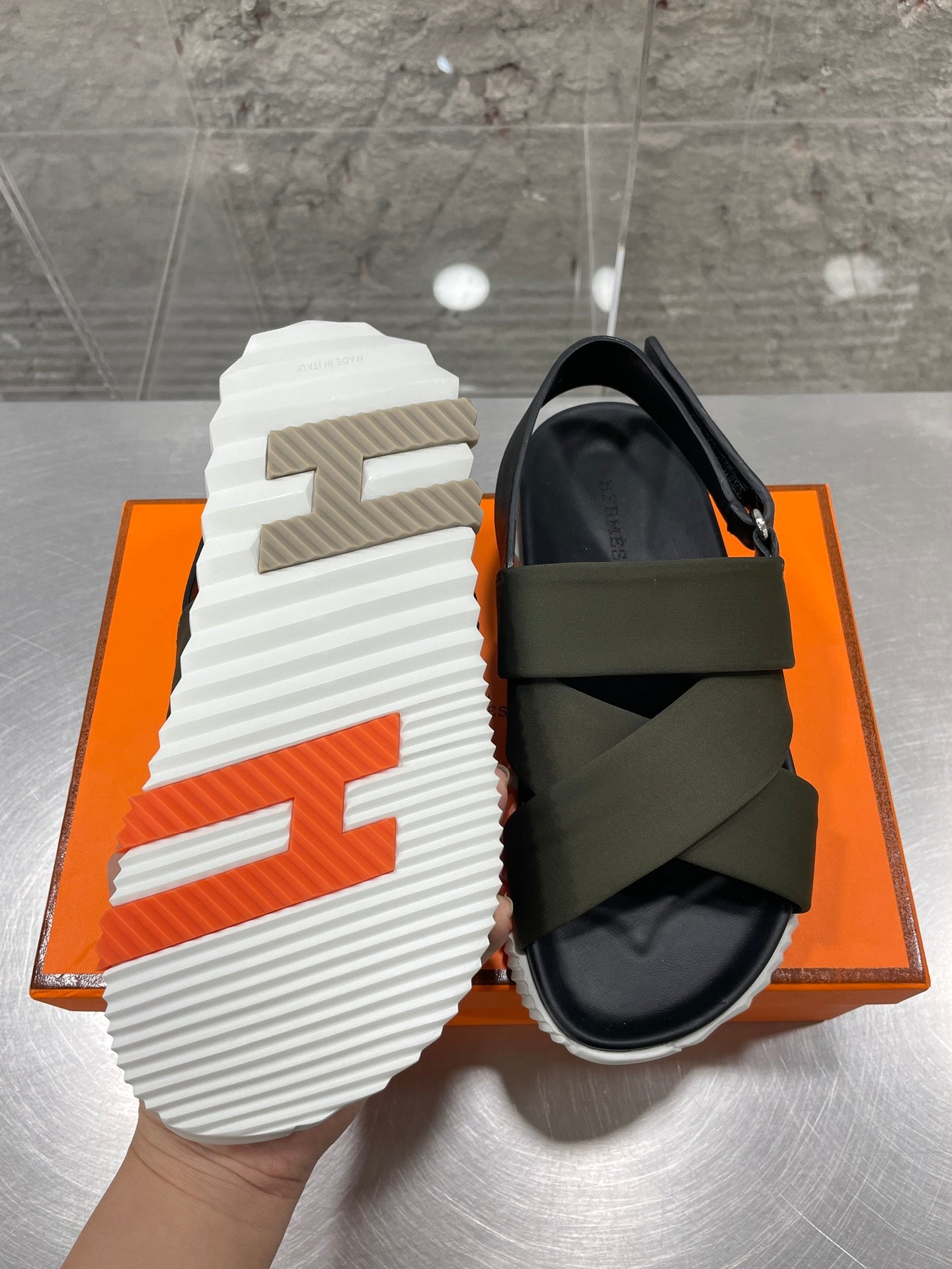 HERMES ELECTRIC SANDAL BLACK MIX DARK ARMY CALFSKIN
