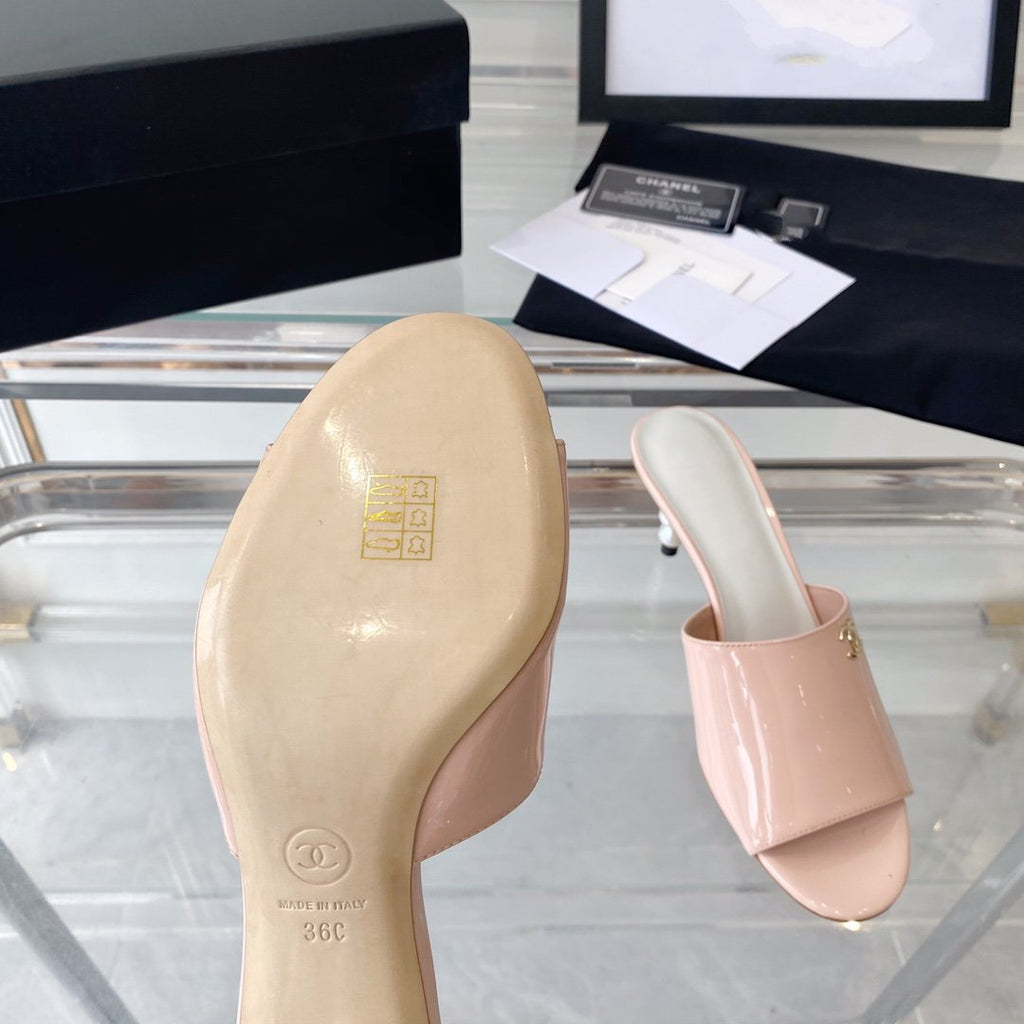 CHANEL high heel 70 mule sandals pink white patent calfskin