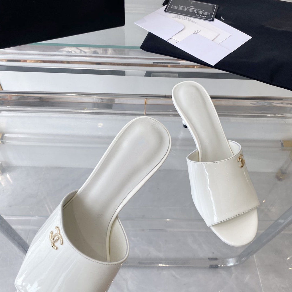 CHANEL high heel 70 mule sandals white patent calfskin