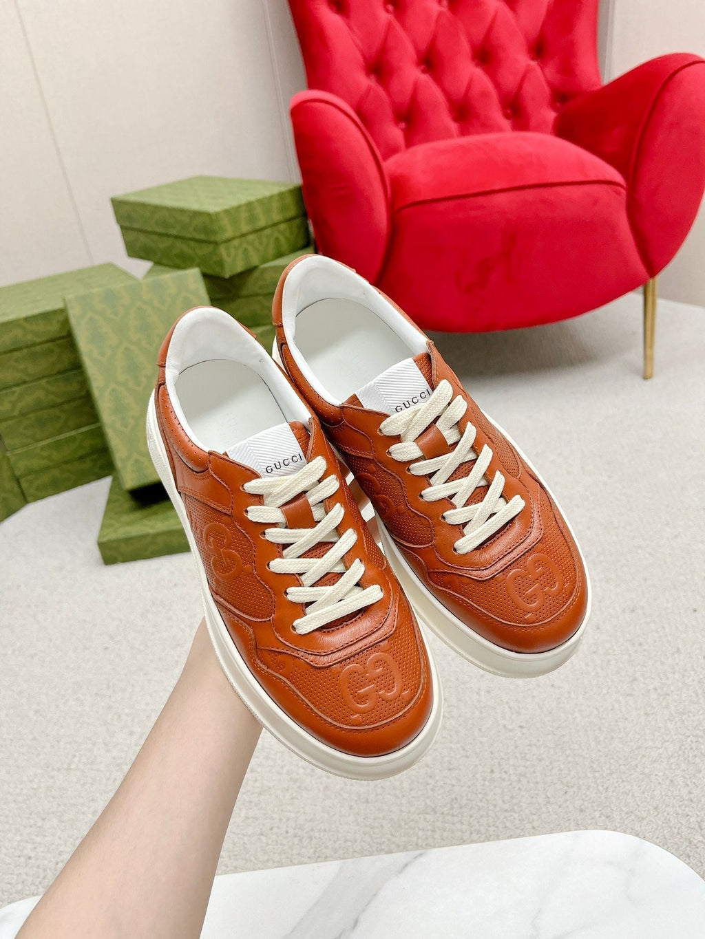 GUCCI EMBOSSED TRAINER CARAMEL CALFSKIN