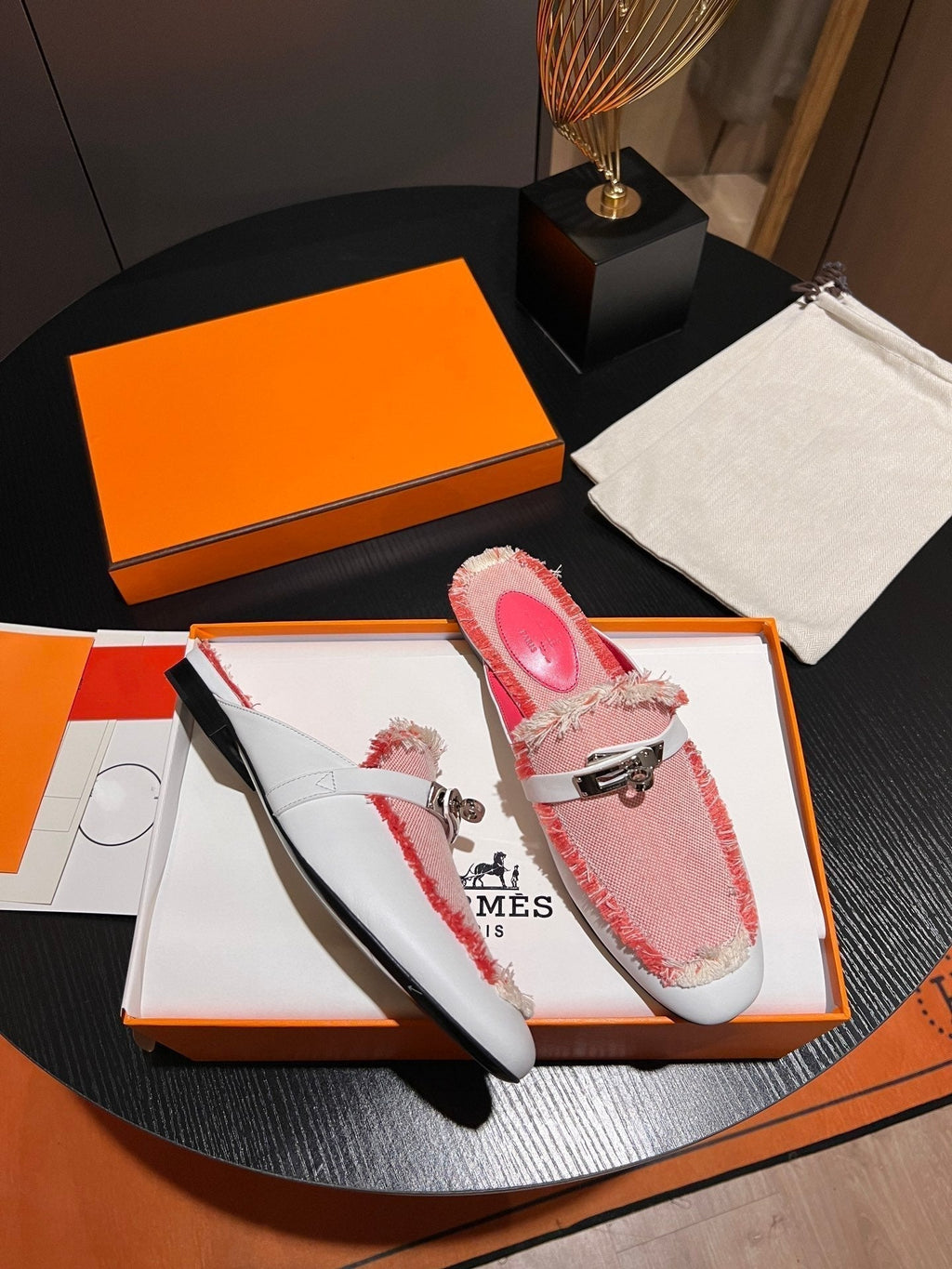 HERMES 0z Mule Beige Glaise / Framboise