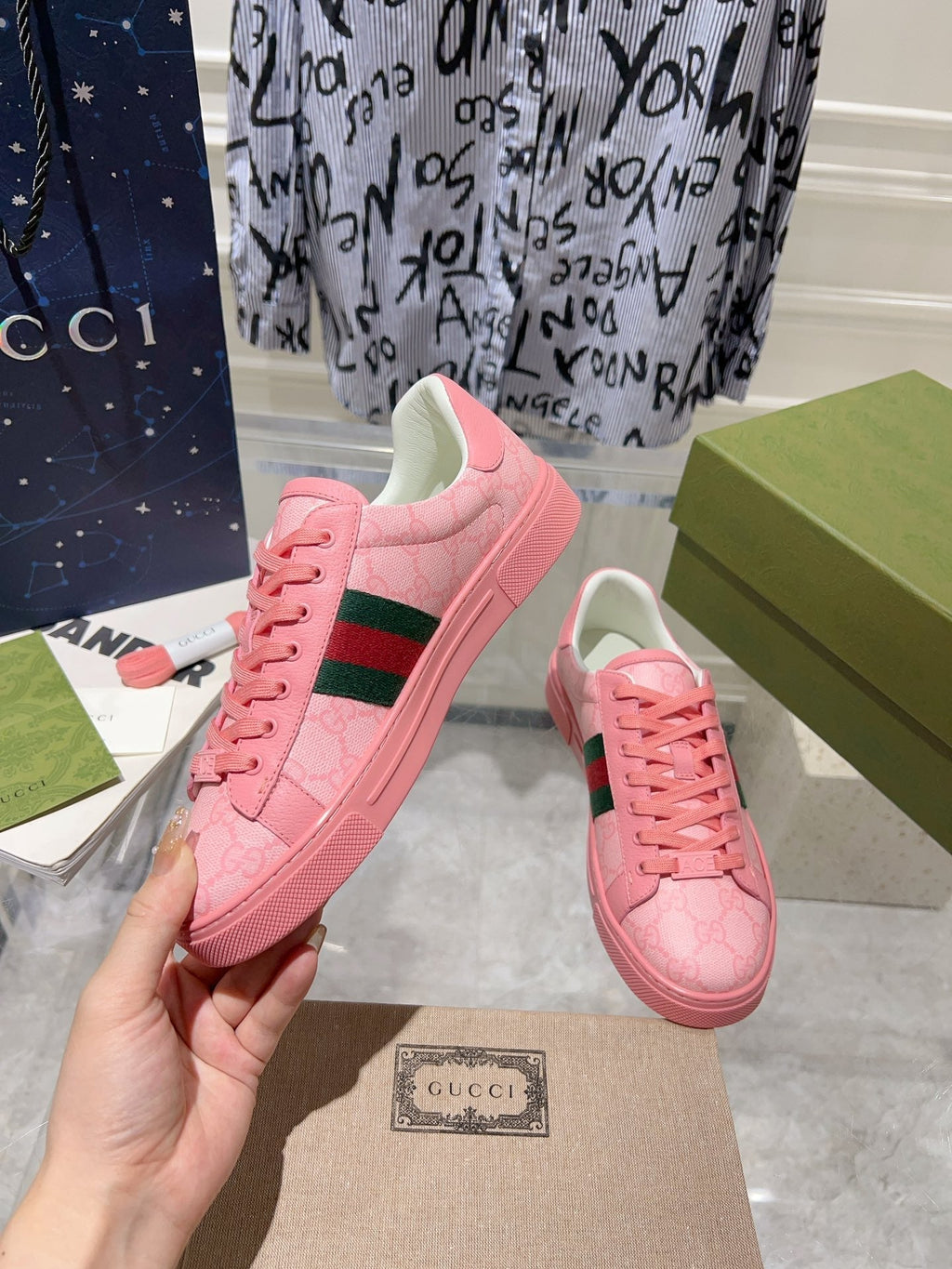 GUCCI ACE  SUPREME TRAINER BRIGHT PINK CALFSKIN