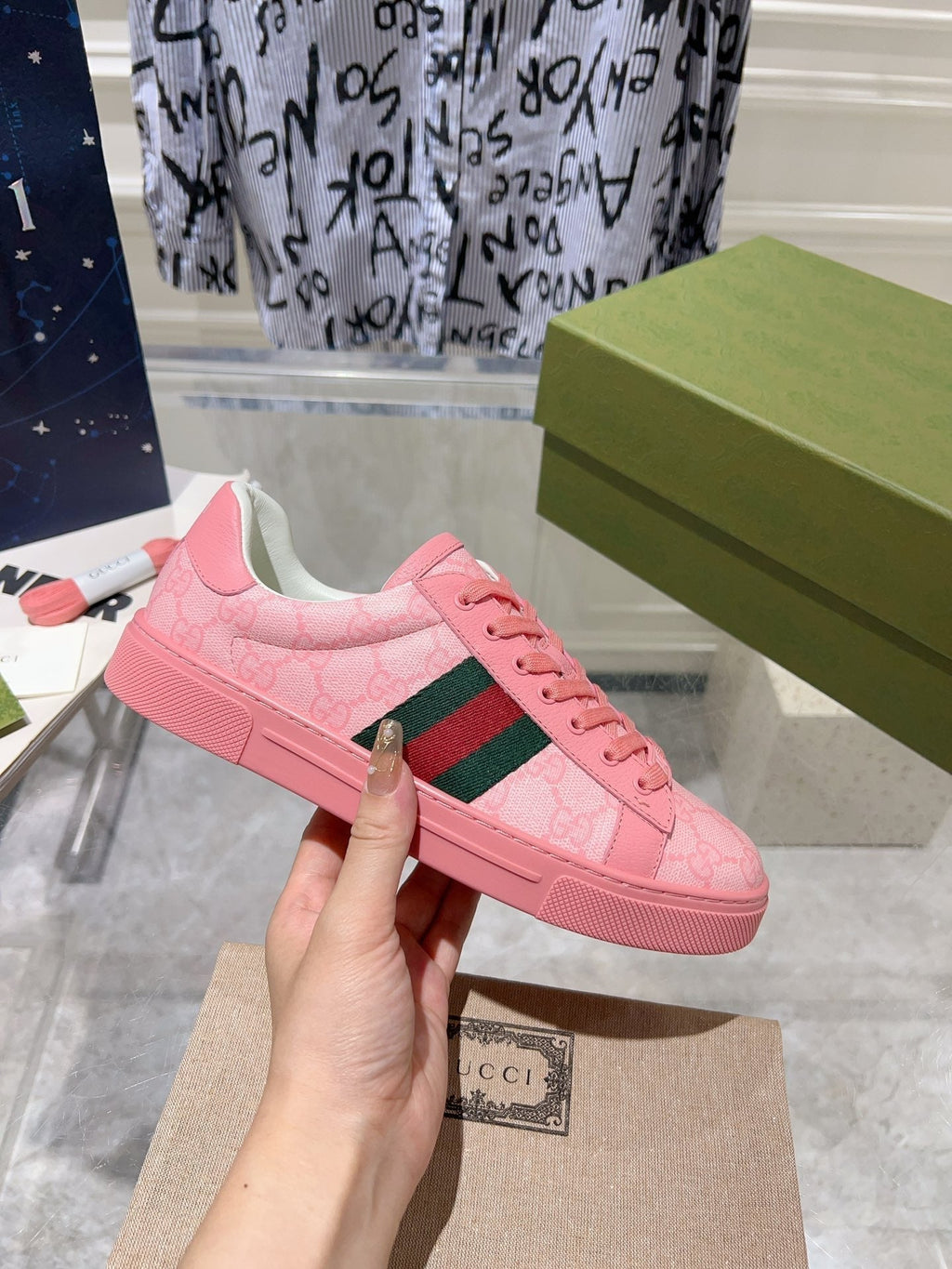 GUCCI ACE  SUPREME TRAINER BRIGHT PINK CALFSKIN