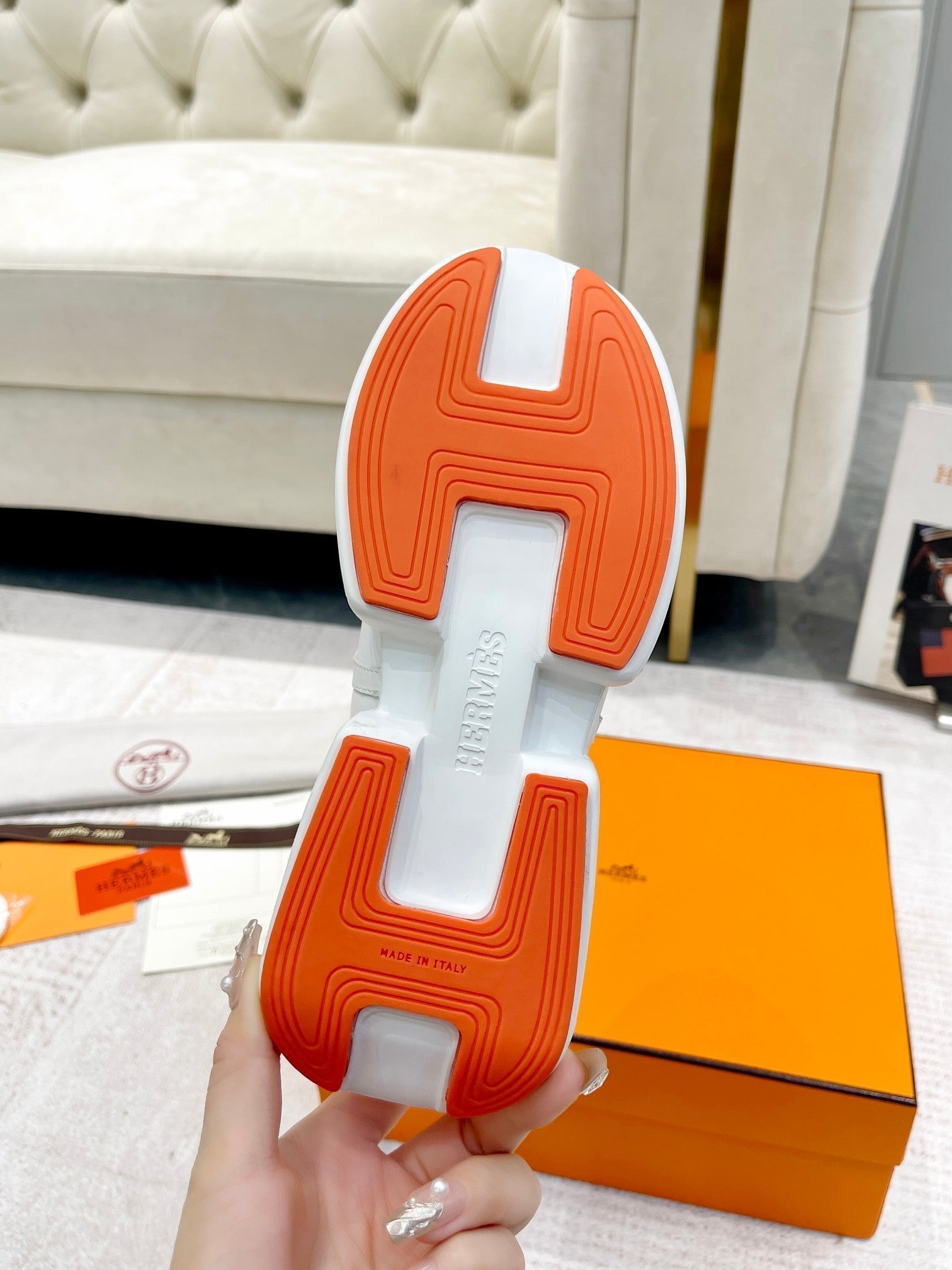HERMES GIGA SNEAKER IN WHITE STITCHED MESH AND CALFSKIN