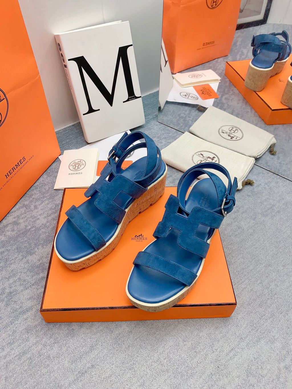 HERMES HAVANE 30 SANDAL IN CLASSIC BLUE SUEDE