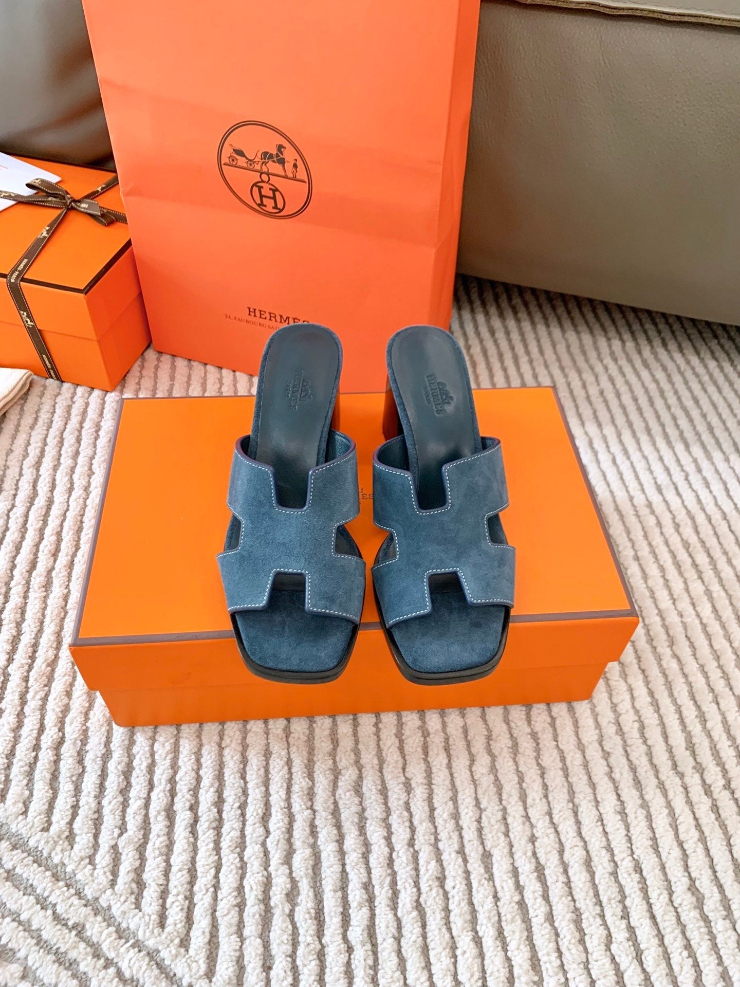 HERMES HELIA 60 SANDAL IN STONE BLUE SUEDE