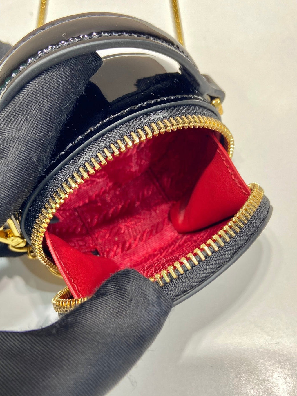 PRADA MINI ROUND BAG 8 IN BLACK GLOSSY CALFSKIN GOLD HARDWARE