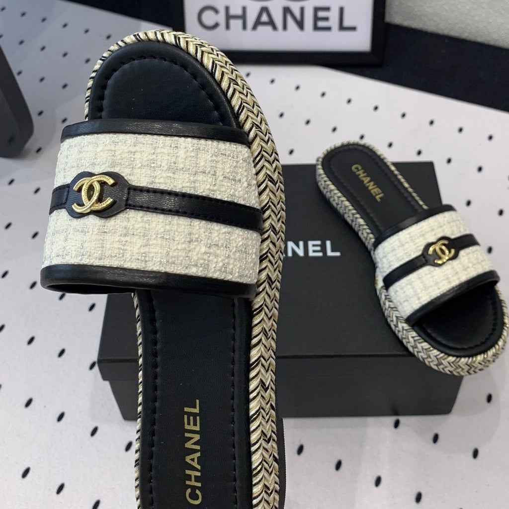 CHANEL Double  Women White Black Slippers Calfskin