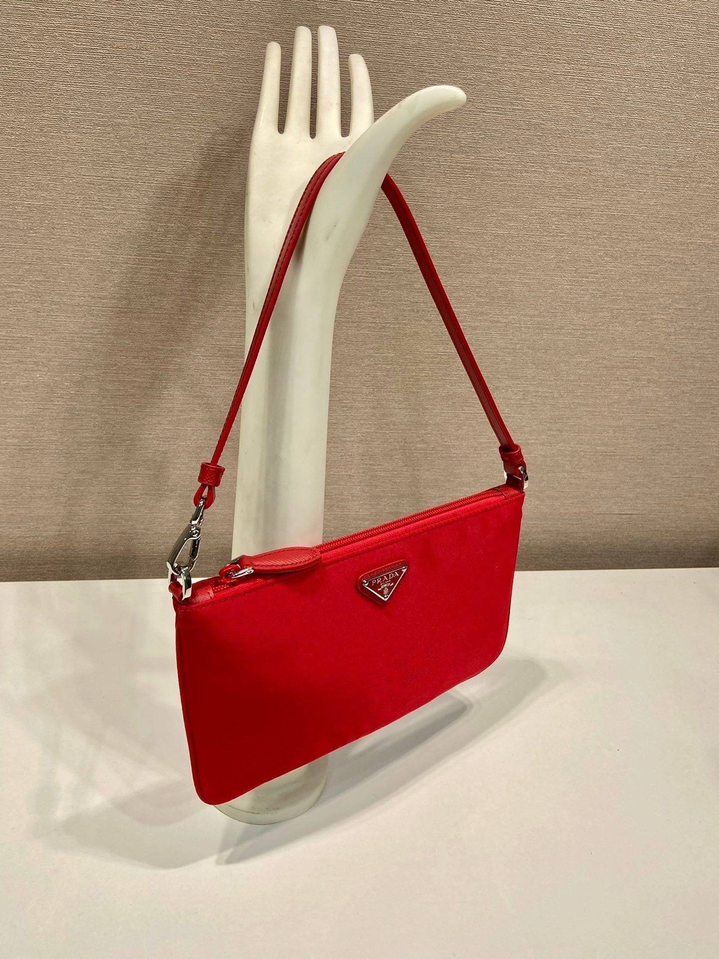 PRADA SHOULDER BAG 24 WITH TRIANGLE LOGO IN PASSION RED RE-NYLON FABRIC