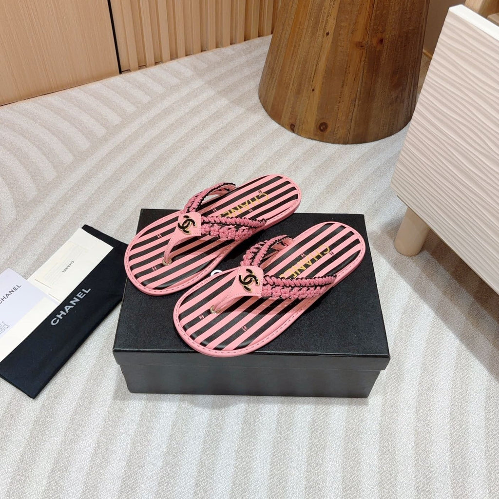 CHANEL WOVEN FLIP FLOP BLACK MIX PINK SHEEPSKIN