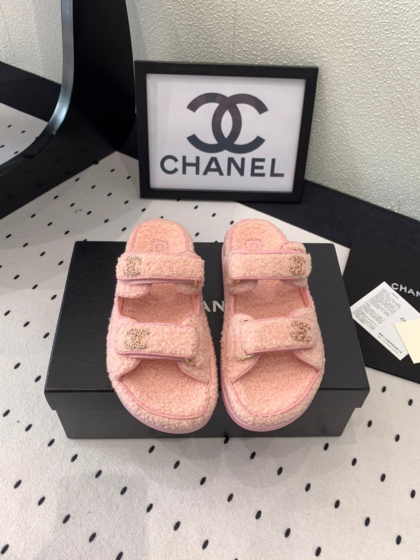 CHANEL DAD SANDAL MULE IN ROSE PINK LAMB FUR