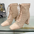 DIOR NAUGHTILY-D HEELED ANKLE BOOT IN BISQUE BEIGE CANNAGE MOTIF MESH AND SUEDE 8 CM