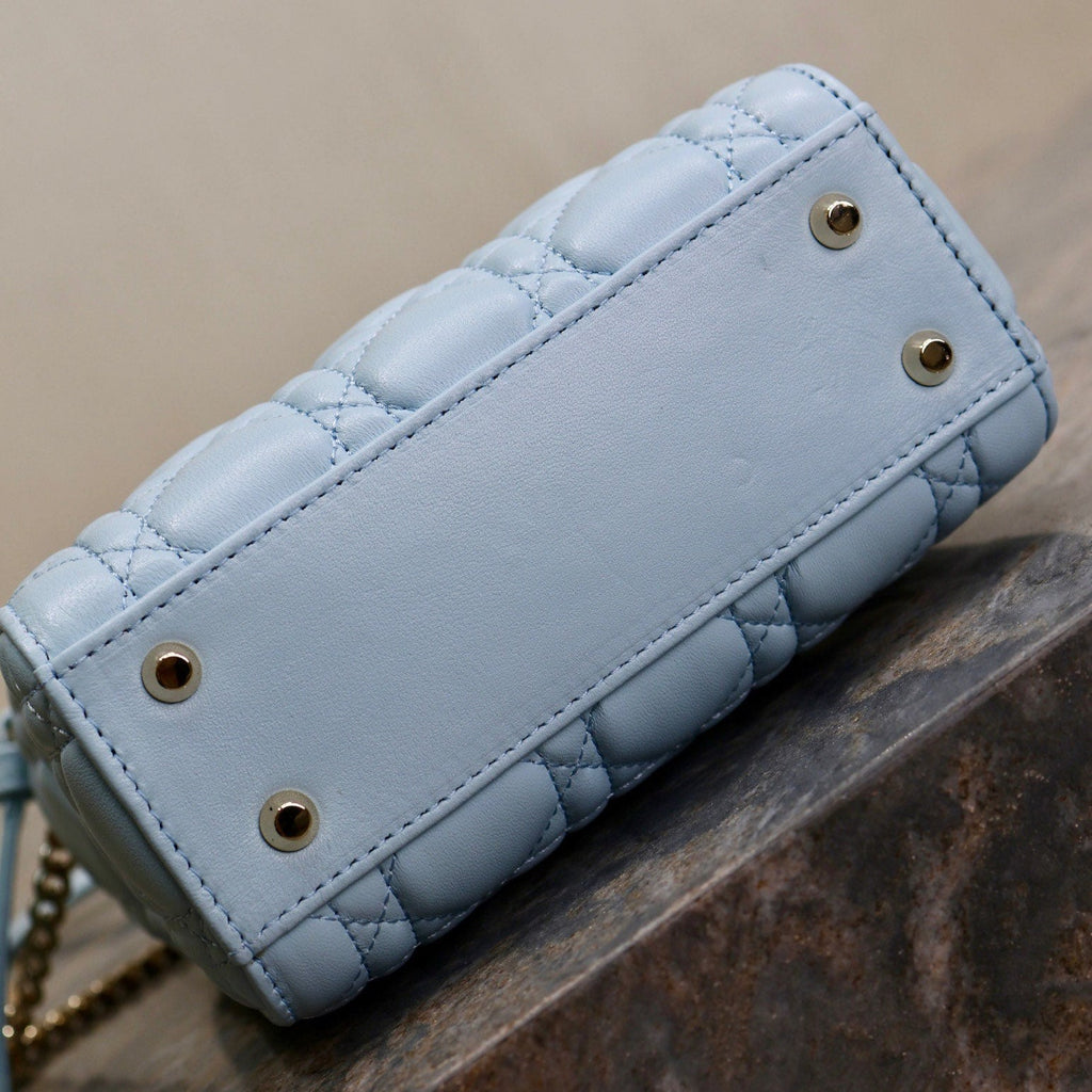 DIOR MINI LADY BAG 17 IN BABY BLUE QUILTED MACROCANNAGE CALFSKIN GREEN STRAP