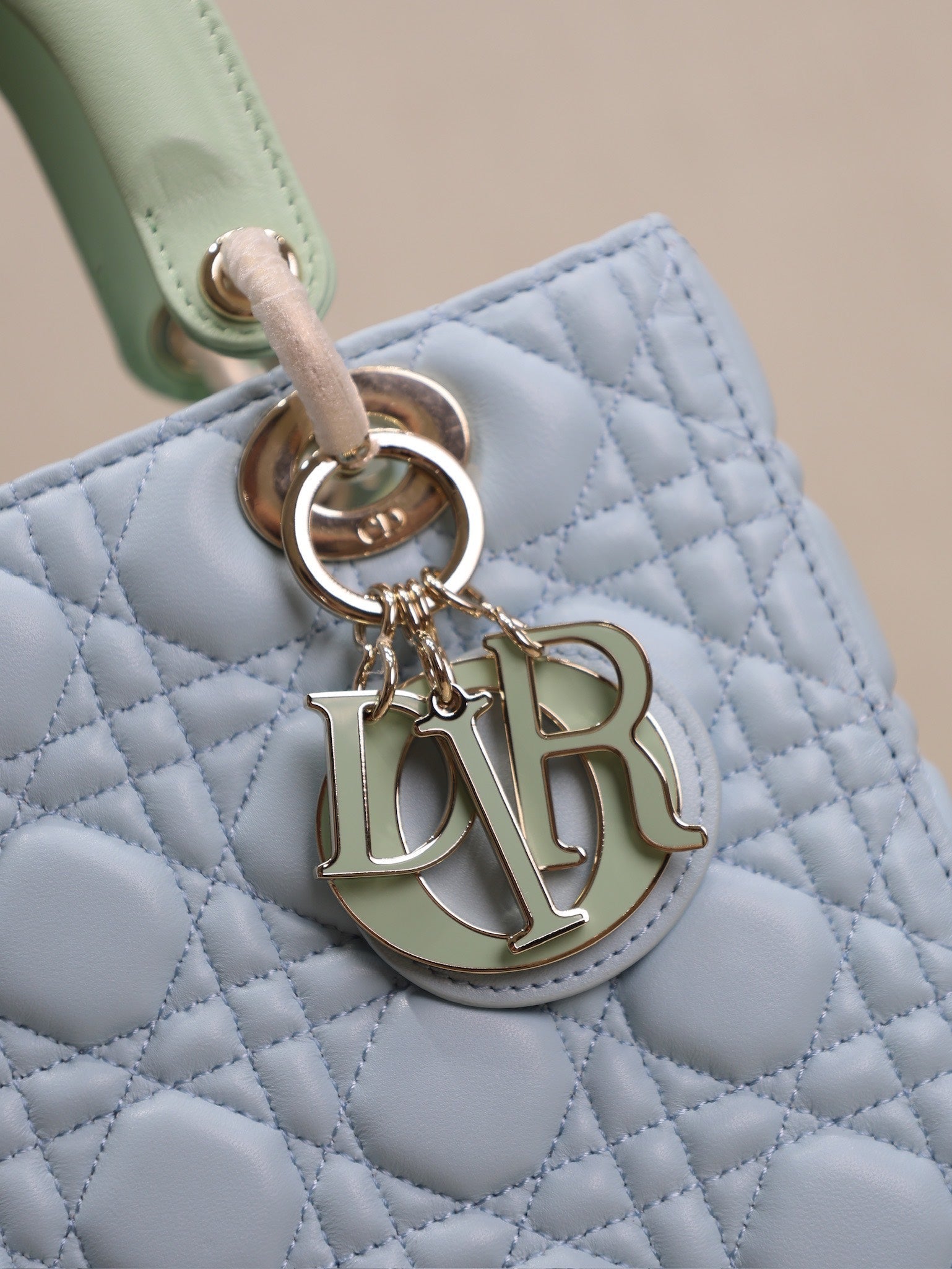 DIOR LADY BAG 24 IN BABY BLUE QUILTED MACROCANNAGE CALFSKIN GREEN STRAP