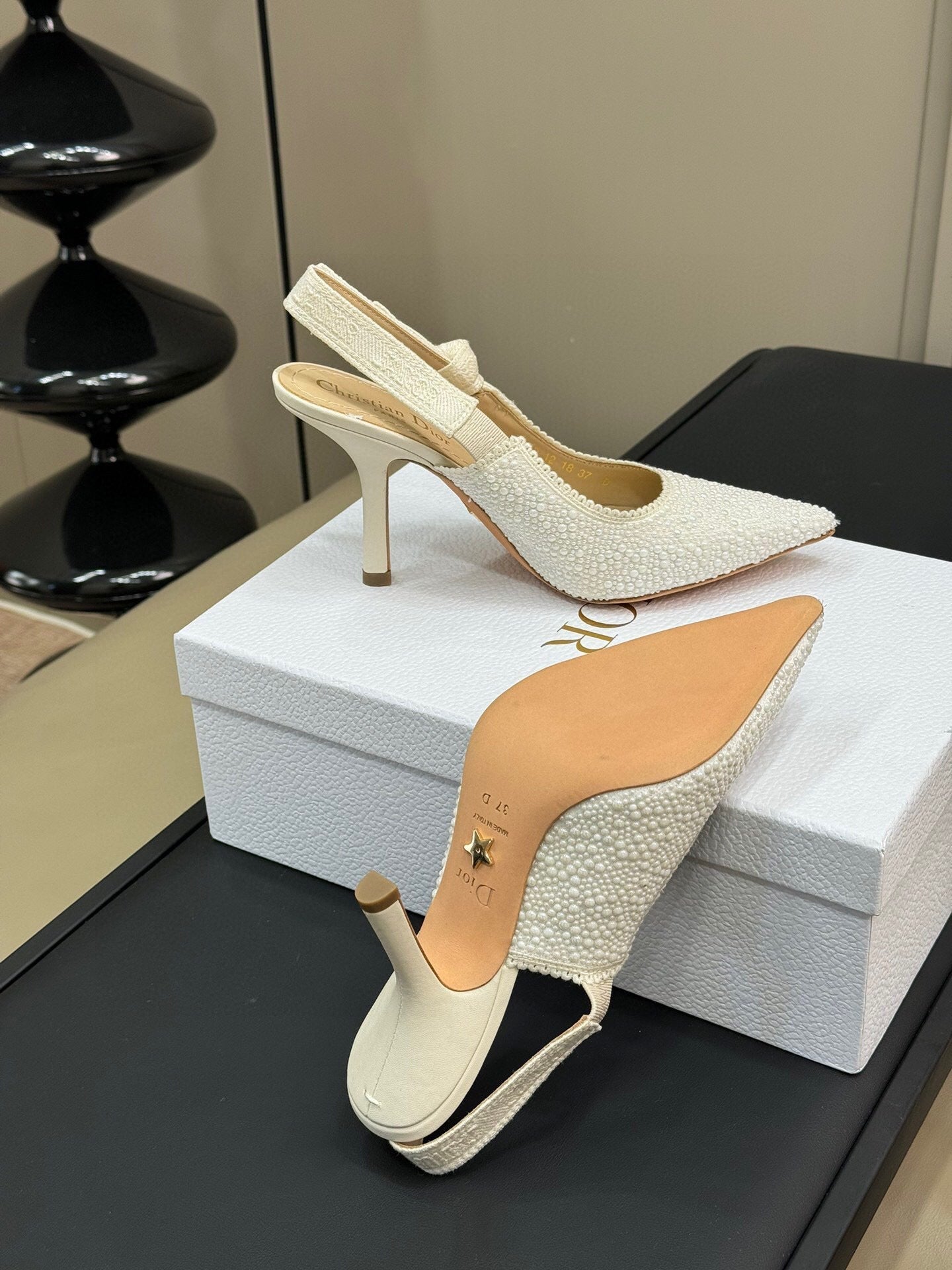 DIOR J'A POINTED TOE SLINGBACK PUMPS IN WHITE BEADED FABRIC