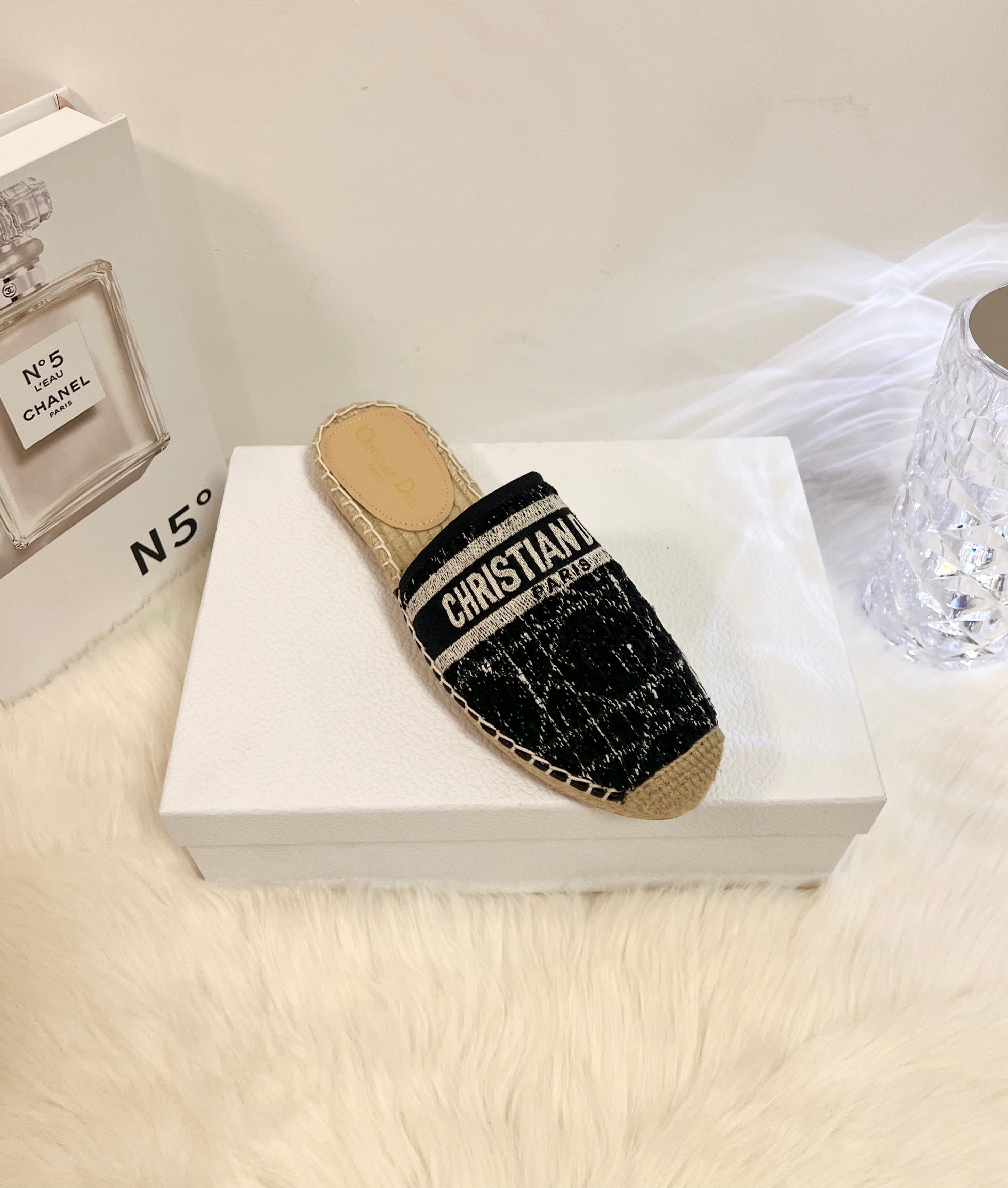 DIOR GRANVILLE ESPADRILLE BLACK OBLIQUE EMBROIDERED COTTON MULE