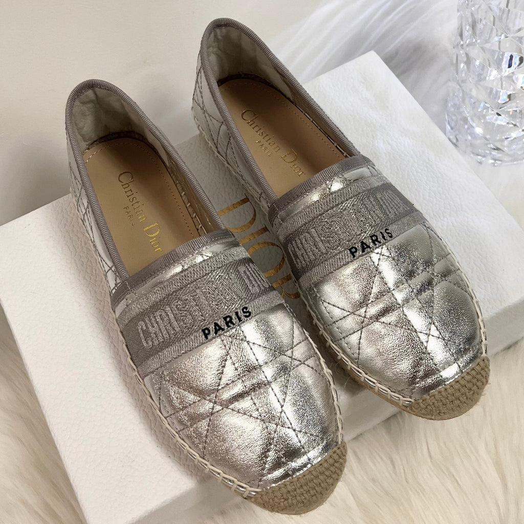 DIOR GRANVILLE ESPADRILLE SILVER QUILTED CANNAGE CALFSKIN