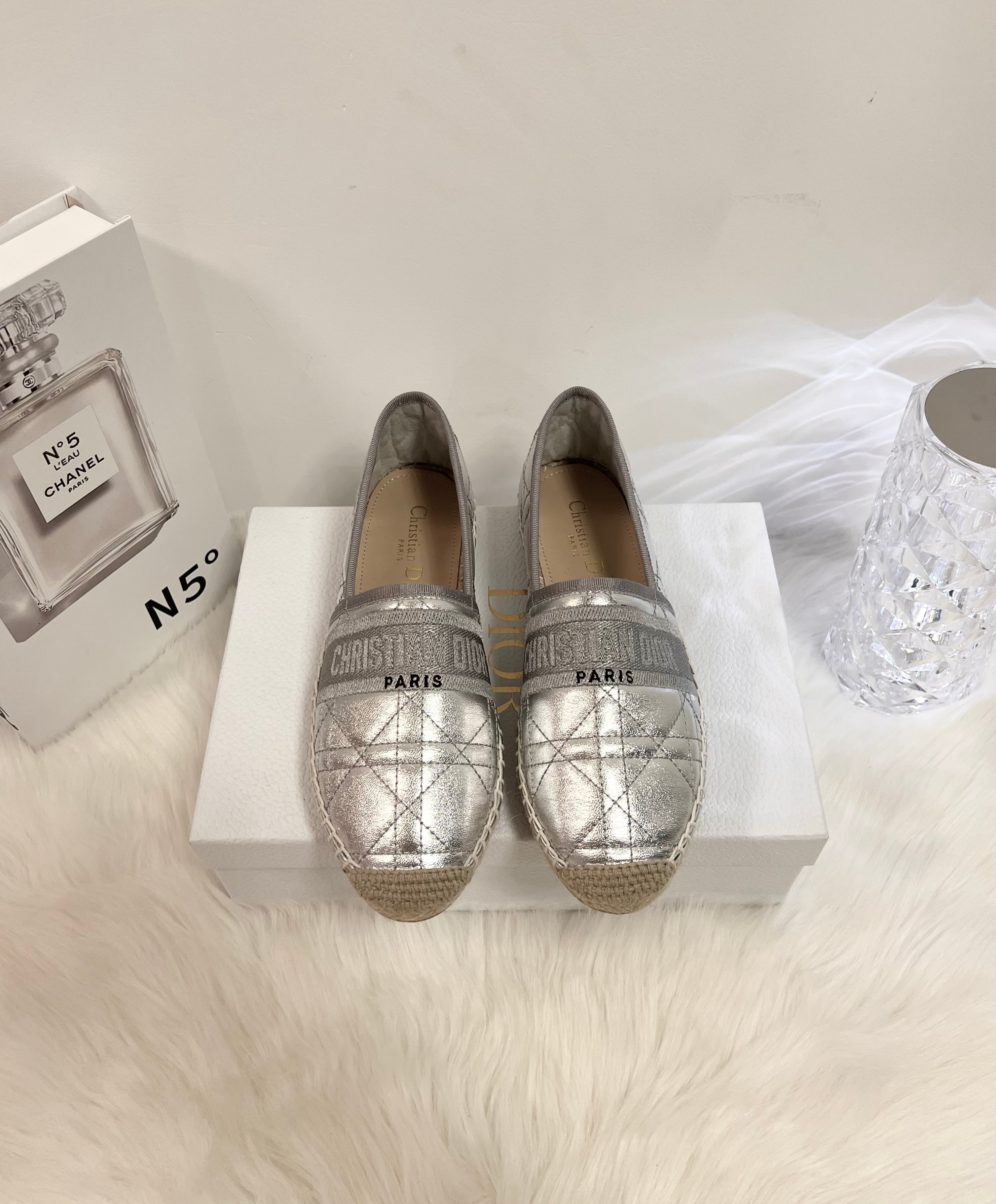 DIOR GRANVILLE ESPADRILLE SILVER QUILTED CANNAGE CALFSKIN