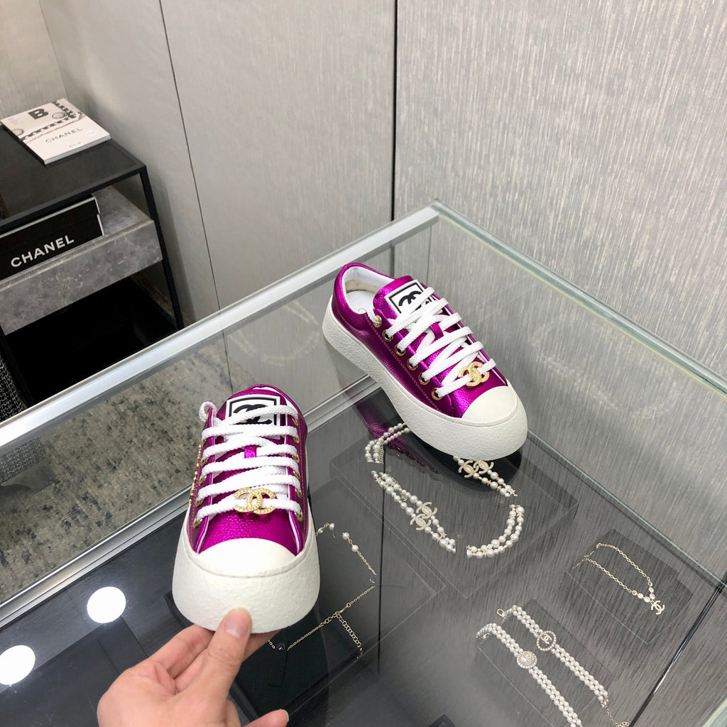 CHANEL CASUAL SNEAKER IN MAGENTA PURPLE METALLIC LAMBSKIN WITH GOLD LOGO