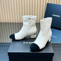 CHANEL 25S TALL BOOTS WITH PEARL DETAILS 50MM IN WHITE CALFSKIN AND BLACK SUEDE
