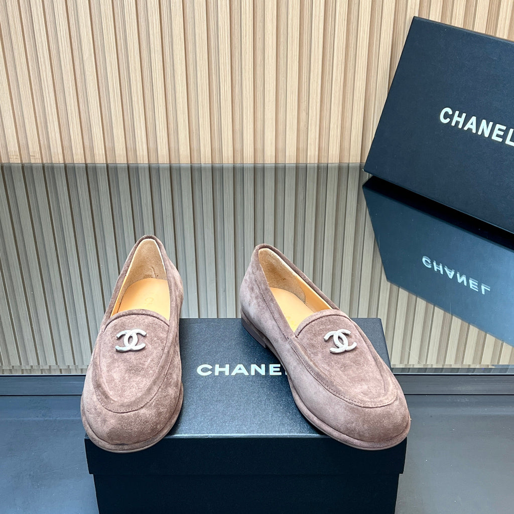 CHANEL 25S TEDDY LOAFER 15MM IN TAUPE GRAY SUEDE SILVER HARDWARE
