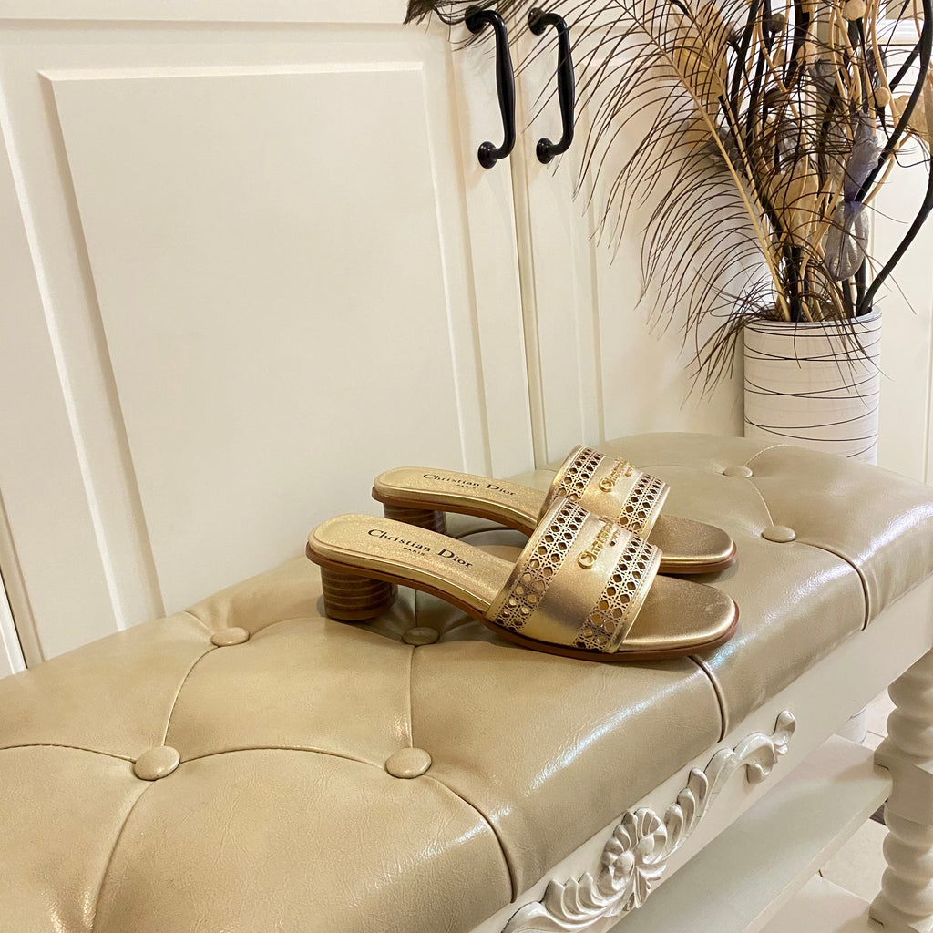 DIOR DWAY HEELED SLIDE IN GOLD CALFSKIN WITH GOLD LOGO