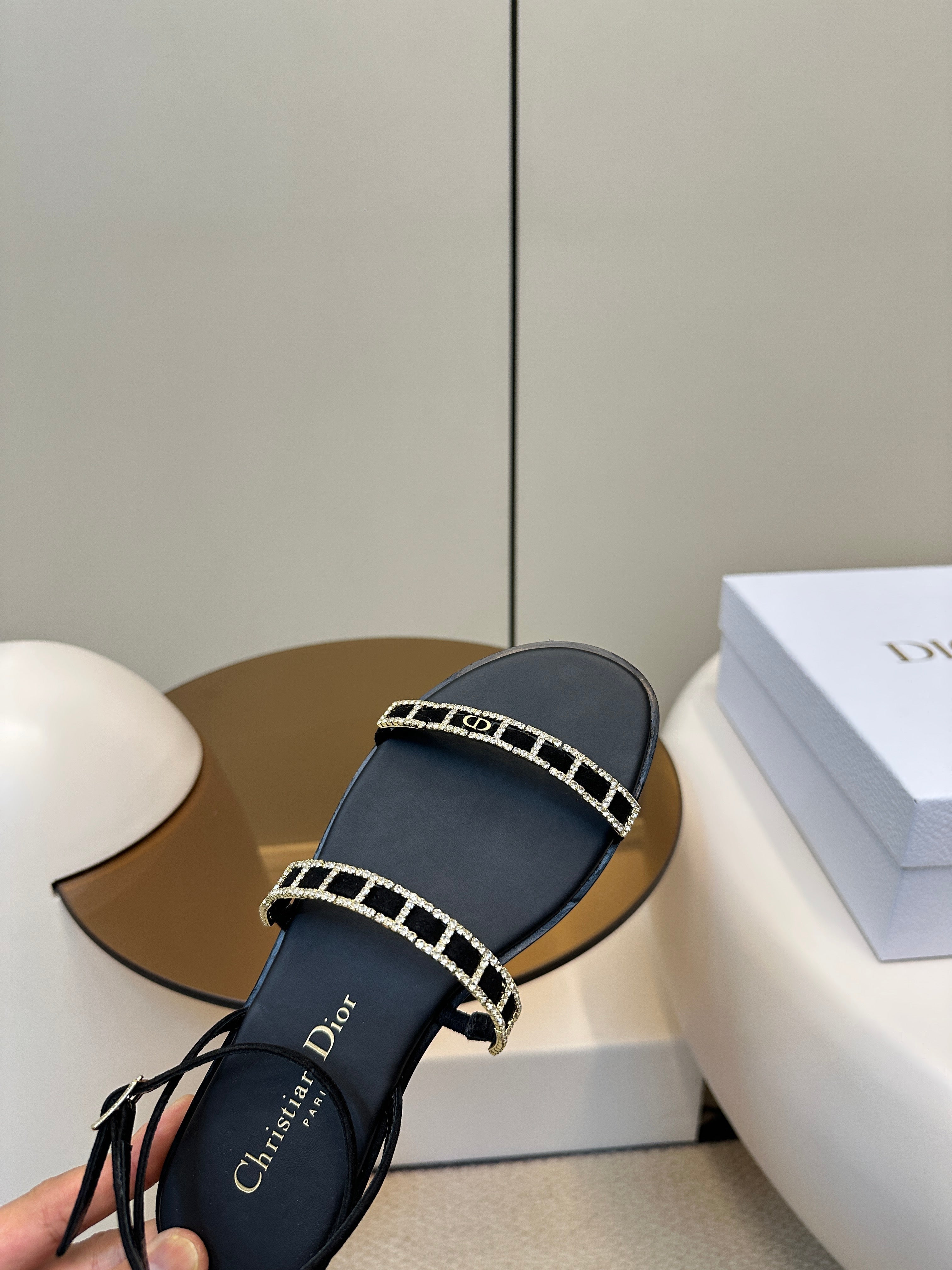DIOR FLAT SANDALS 25S IN BLACK CALFSKIN RHINESTONES STRAP