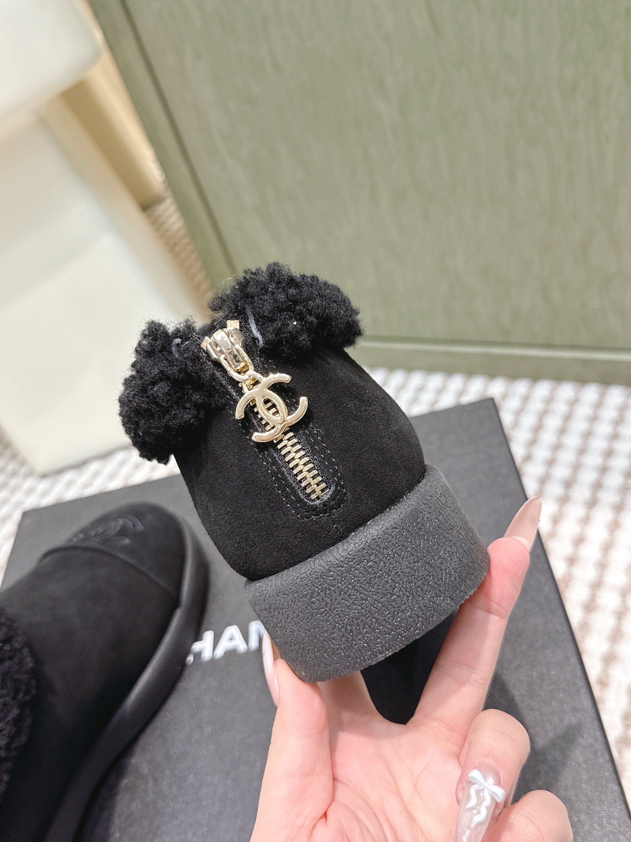 CHANEL 25S SHORT SUEDE BOOTS IN BLACK WITH SHEEPSKIN LINING
