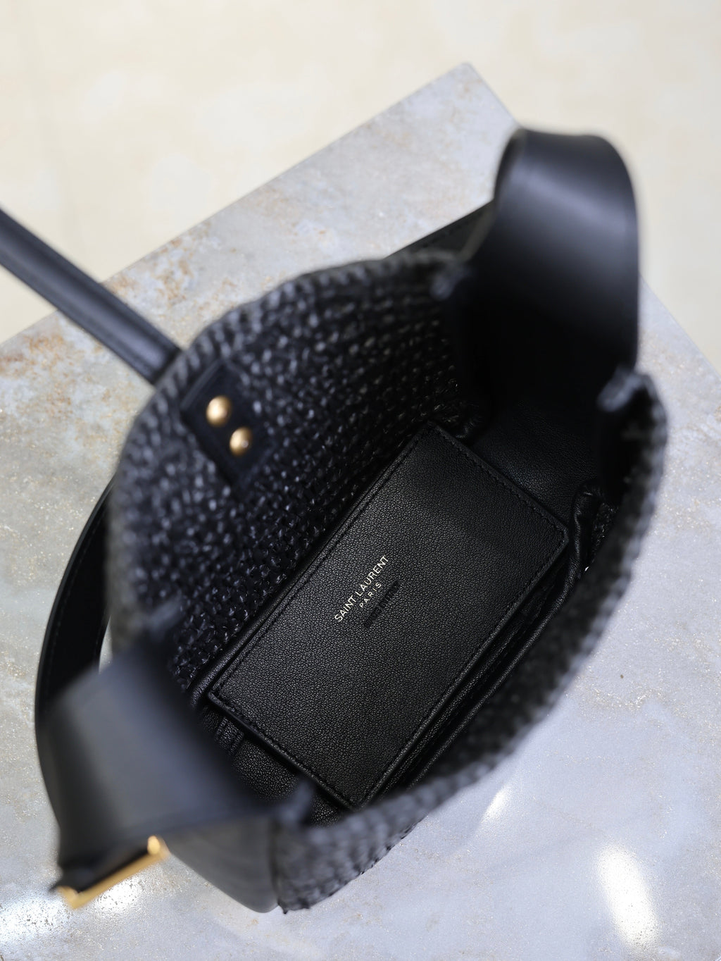 YSL 25S LE 5 À 7 SUPPLE SMALL 16 IN BLACK RAFFIA AND LEATHER GOLD HARDWRE