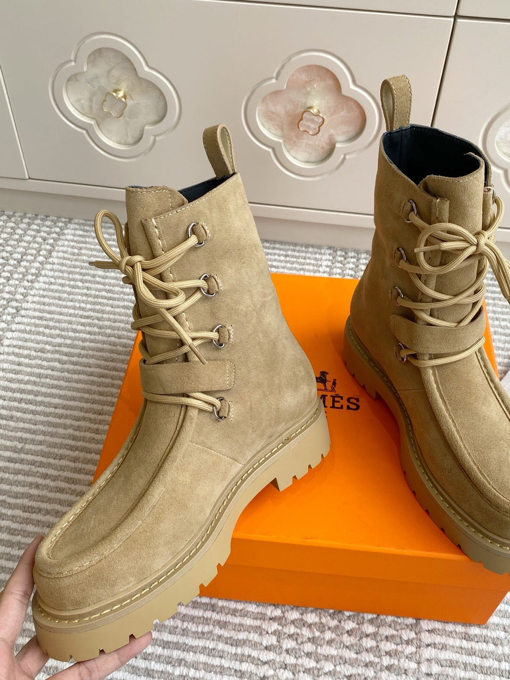 HERMES 25S ANKLE BOOTS IN WARM BEIGE GOLD SUEDE