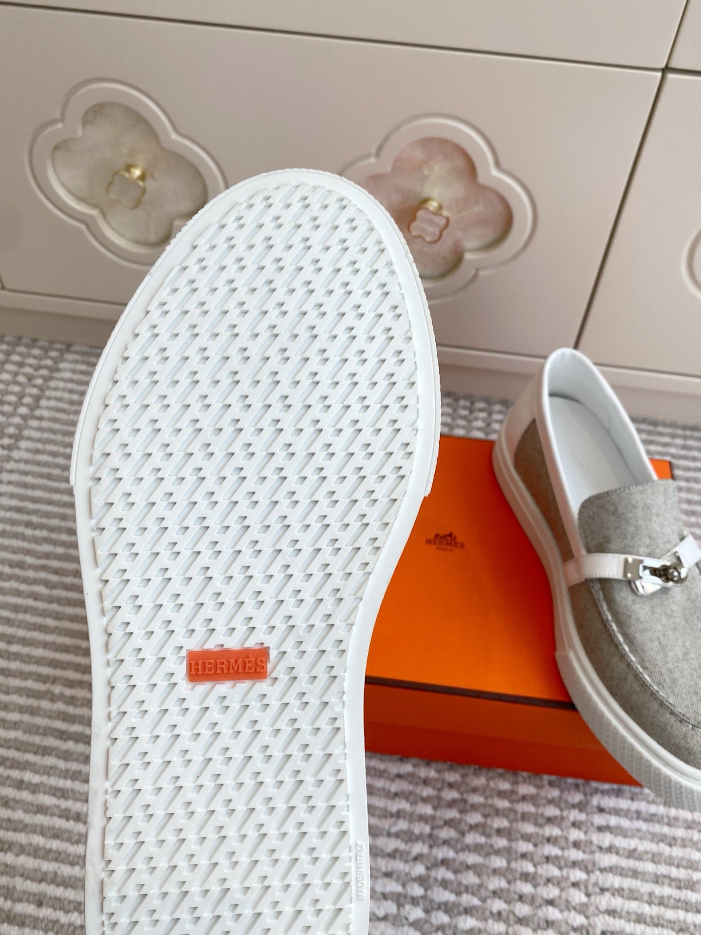 HERMES 25S SLIP-ON IN LIGHT GREY CANVAS WITH SILVER HARDWARE