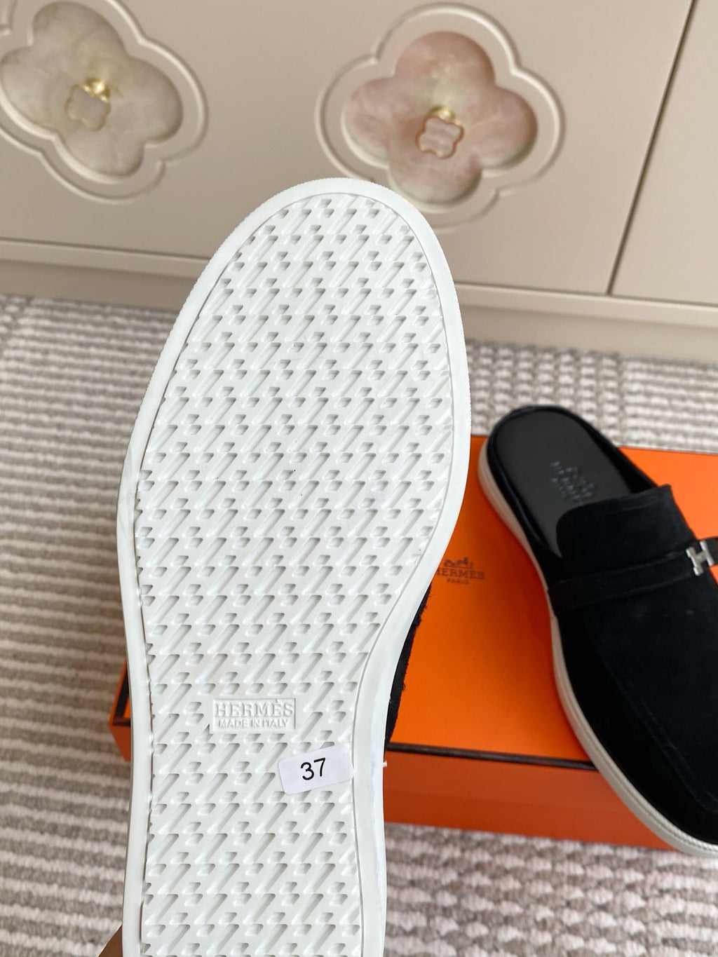 HERMES 25S MULES IN BLACK SUEDE WITH SILVER HARDWARE