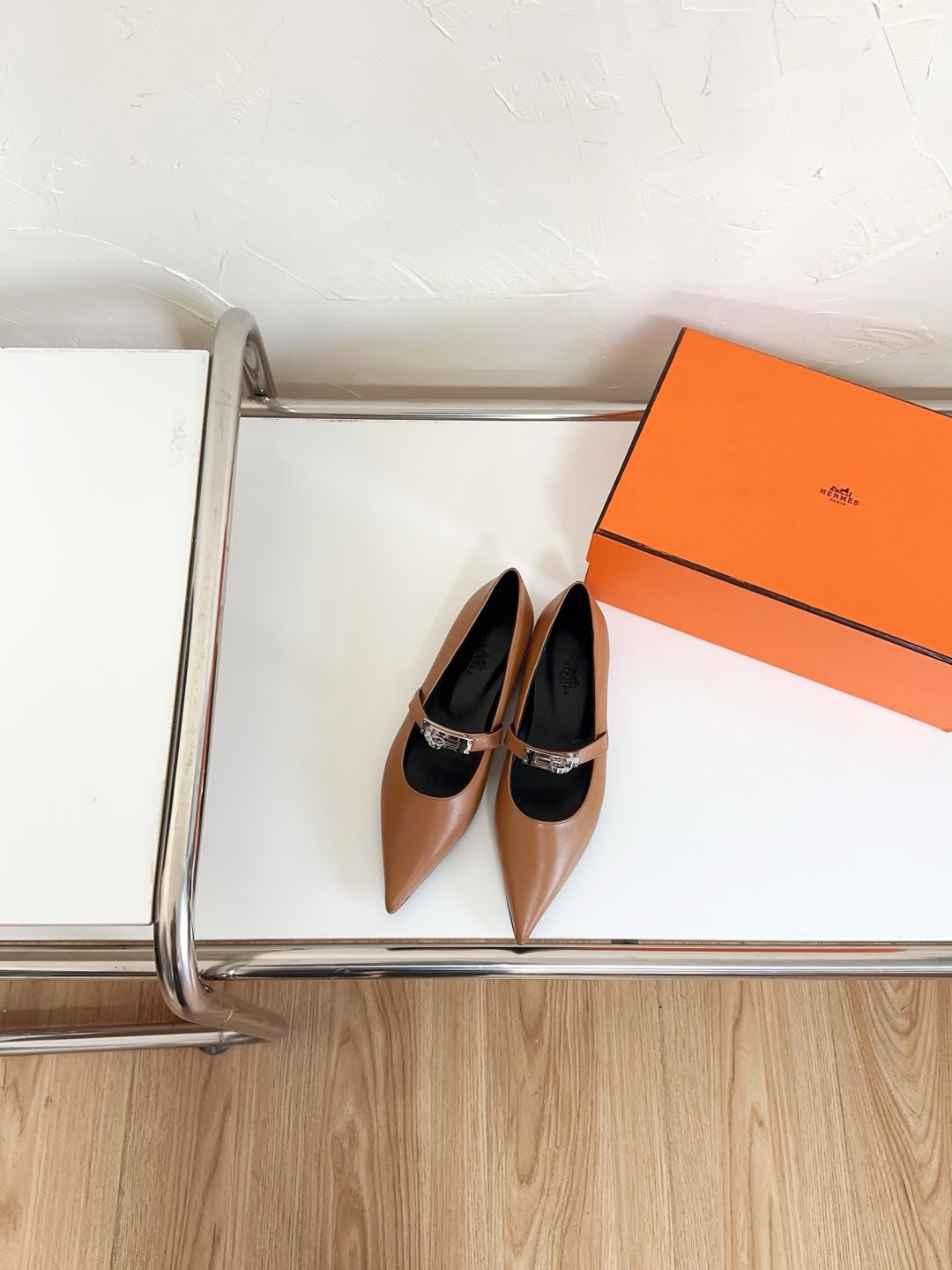 HERMES KIARA FLAT PUMP IN SEPIA BROWN CALFSKIN