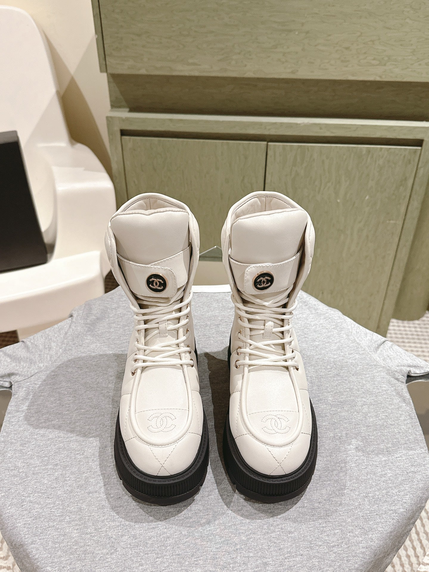 CHANEL MARTIN BOOTS IN WHITE EMBROIDERED CALFSKIN